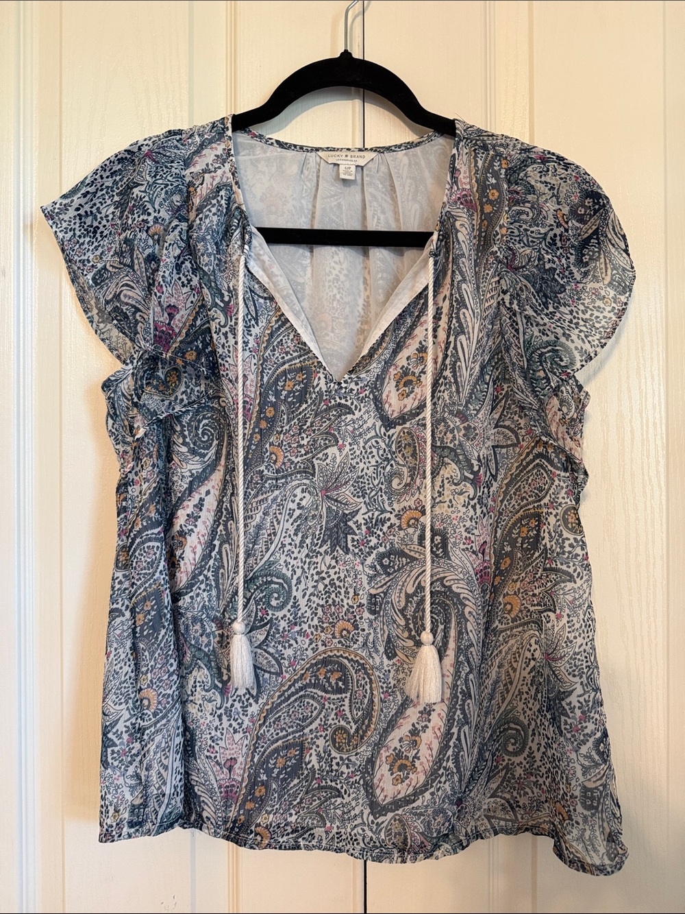 Lucky Brand Blue Paisley Tie-Front Tassel Blouse